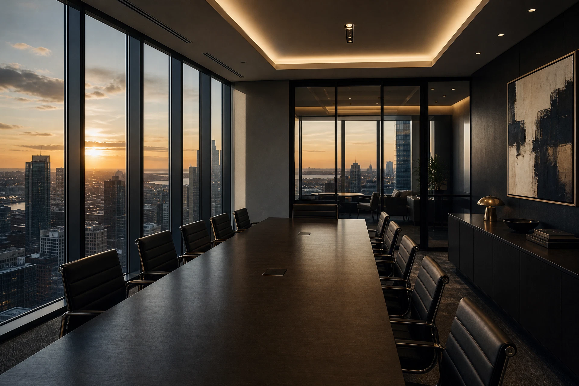 Executive boardroom overlooking a city at dusk